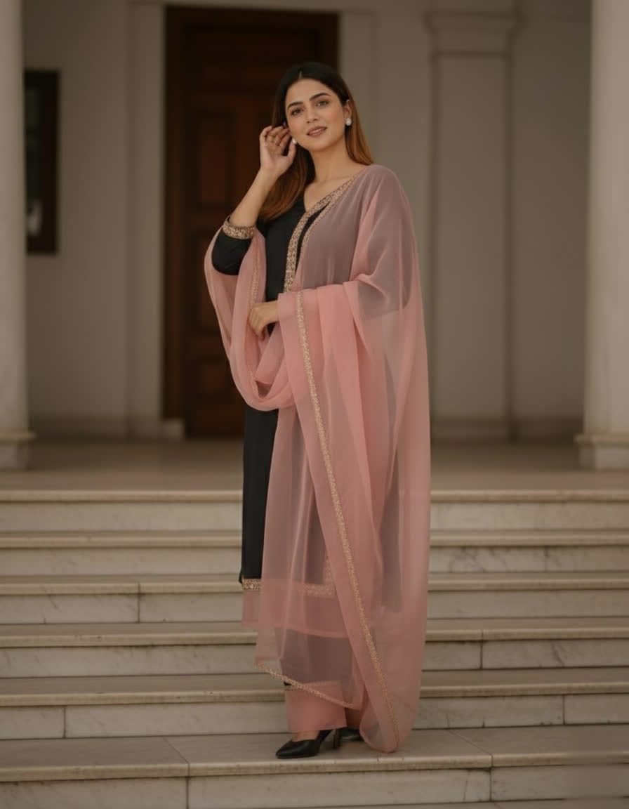 Elegant Black And Pink Kamiz Set For Women – Karchupi Lace Long Shirt, Bunon Pants & Soft Maslin Dupatta.