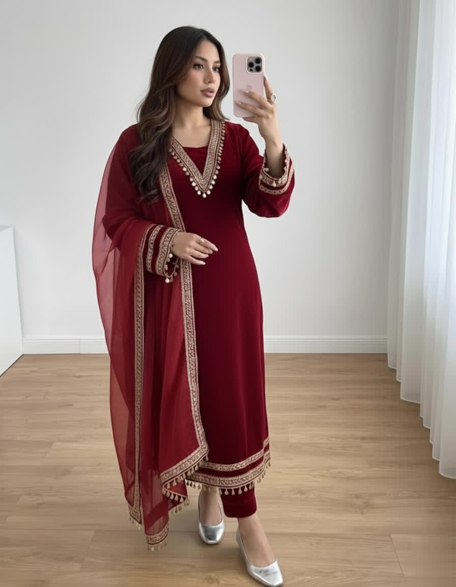 Elegant Women’s 3 Piece Velvet Dress With Lace Work & Chiffon Dupatta Lace Embellishment Sophisticated Ethnic Wear- Festive Edition