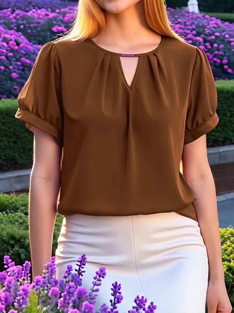 NISWA STYLE Women’s V-Neck Blouse, Loose Fit Short Sleeve Top With Glossy Fabric, Vintage Style