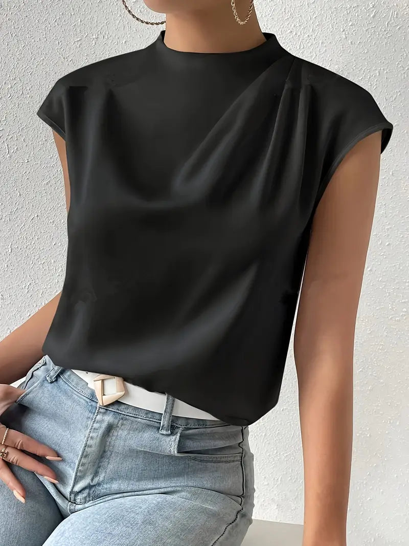 Stylish Black Batwing Sleeve Blouse, Crew Neck Short Sleeve Top With Front Slit, Smooth And Comfortable Top