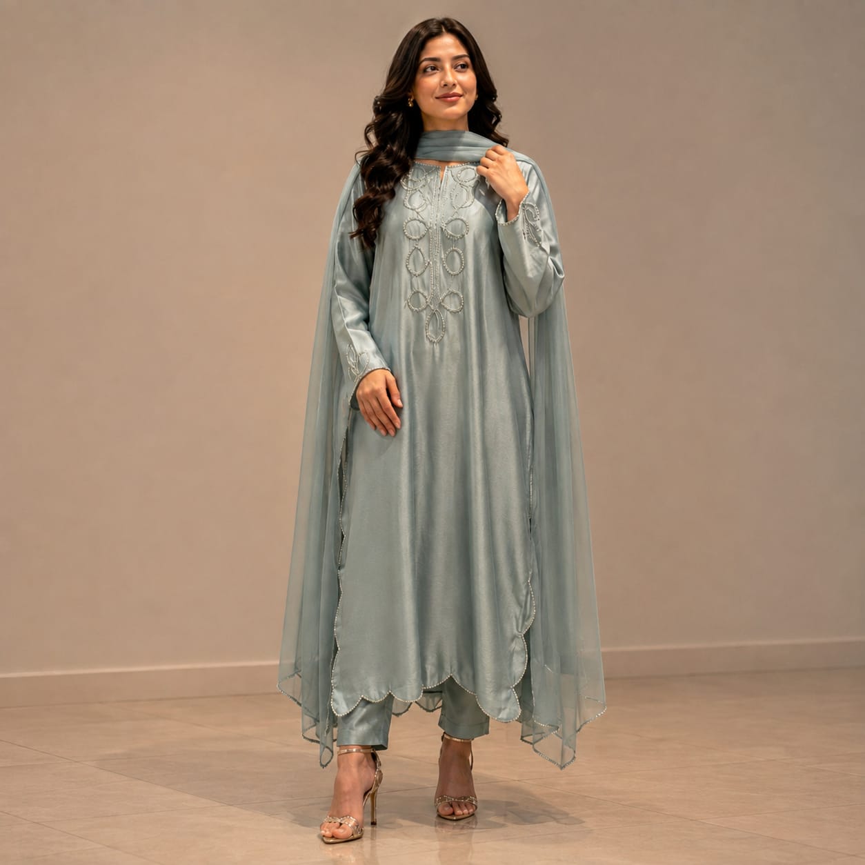 Elegant Muted Blue Luxury Pret Suit With Lace Detailing