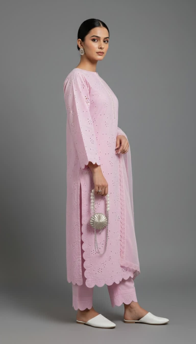 Premium Chikankari Salwar Kameez –  Long Shirt With Scallop Border, Cotton Trouser & Elegant Dupatta - New Light-Shade Collection For Women