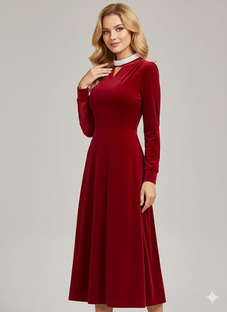 Women’s Formal Velvet Gown – Burgundy Long Sleeve A-Line Dress With Beaded Waist, Perfect for Gala, Prom & Luxury Events