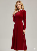 Women’s Formal Velvet Gown – Burgundy Long Sleeve A-Line Dress With Beaded Waist, Perfect for Gala, Prom & Luxury Events