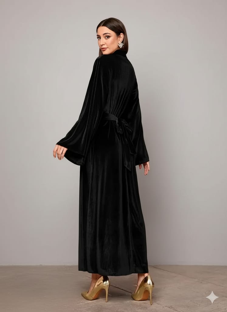 Elegant Full-Length Velvet Maxi Dress For Women, Long Sleeve Gown With Belt, Zipper Back And Tie Detail  Formal Evening Dress