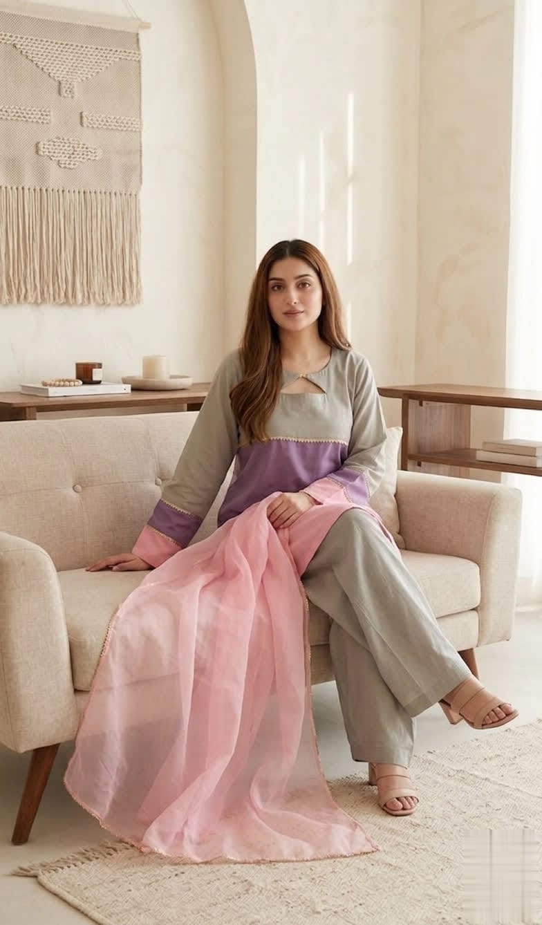 Color Block Lawn Suit Grey, Purple & Pink Short Kurta With Farshi Shalwar & Organza Dupatta