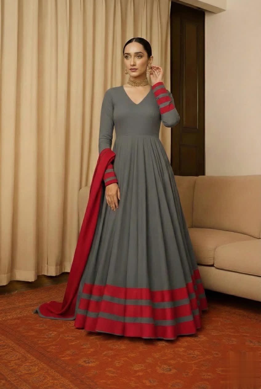 Peach & Red Anarkali Set For Women – Full Flare Long Gown With Contrast Border & Matching Dupatta - Elegant Traditional Outfit With Different Shades.