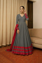 Peach & Red Anarkali Set For Women – Full Flare Long Gown With Contrast Border & Matching Dupatta - Elegant Traditional Outfit With Different Shades.
