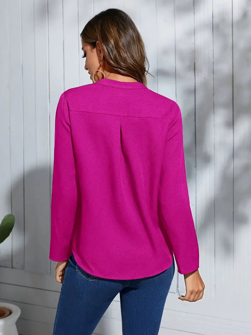 Stylish V-Neck Long Sleeve Blouse - Vibrant Pink Button-Up Shirt With Pockets, Casual & Office Wear Top