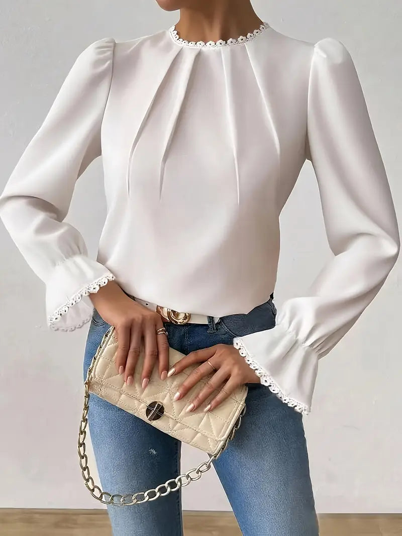 Elegant Lace Trim Blouse – Long Sleeve Round Neck Shirt, Sophisticated Workwear, Classic Feminine Top