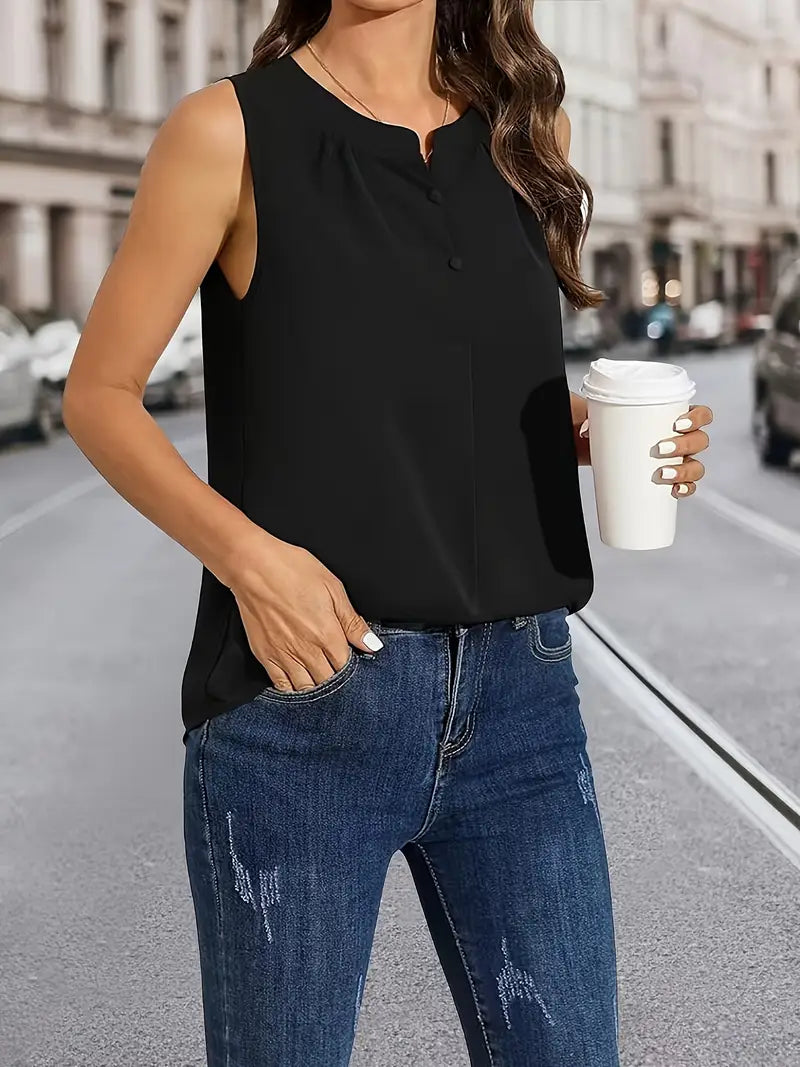 Stylish Sleeveless V-Neck Top – Black Blouse With Front Pockets, Button-Up Ruched Design, Outdoor & Casual Top