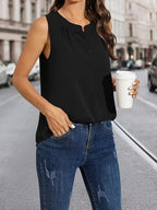 Stylish Sleeveless V-Neck Top – Black Blouse With Front Pockets, Button-Up Ruched Design, Outdoor & Casual Top