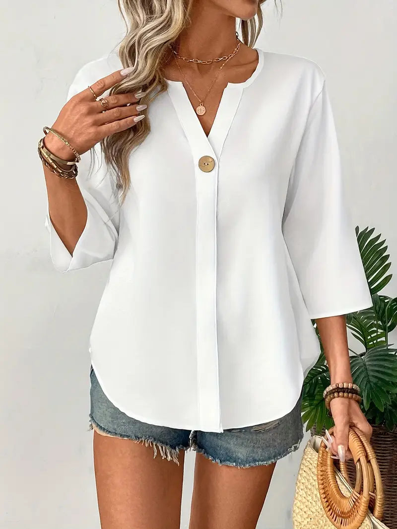 NISWA STYLE Elegant V-Neck Long Sleeve Blouse, Loose Fit Solid Color Button-Up Shirt With Faux Buttons, Lightweight Top For Casuall And Formal Wear