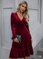 Elegant Crimson Formal & Party Dress – V-Neck A-Line Gown For Women With Ruffled Sleeves, Flared Hem & Sophisticated Texture