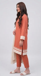 Orange Straight Cut Kurta Trouser Set – Color Block With Beige Stripe Hem