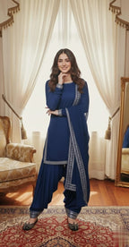 Elegant Silk Short Shirt Patiala Salwar Kameez With Gota Lace Dupatta.