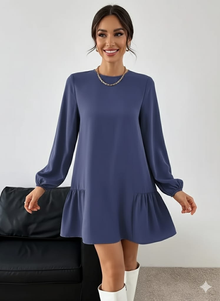 Elegant Navy Blue A-Line Dress – Puff Sleeve Short Dress With Flared Hem & Round Neck | Wrinkle-Resistant