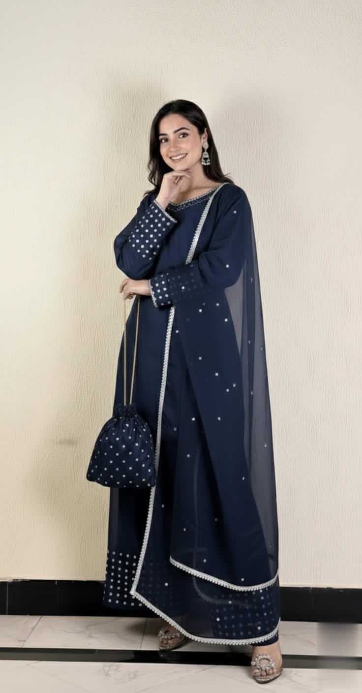 Designer Silk Short Shirt & Shalwar Set With Crystal Detailing.