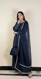 Designer Silk Short Shirt & Shalwar Set With Crystal Detailing.