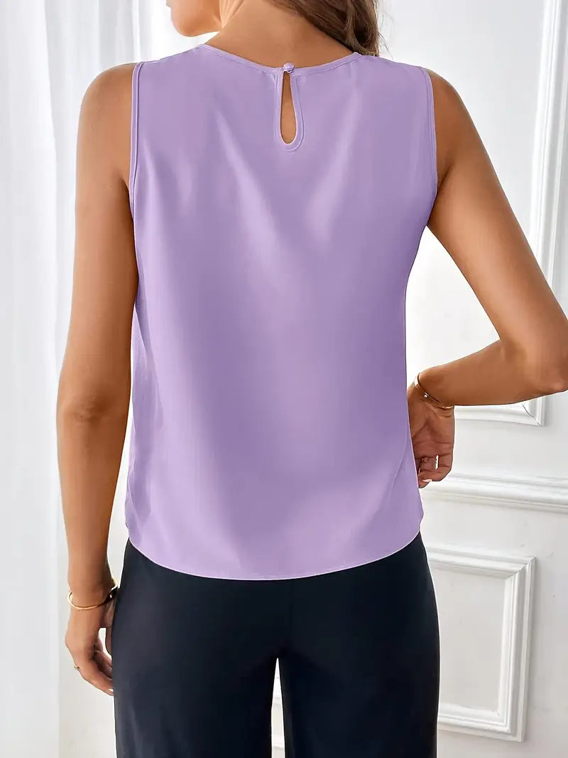 Ruffled Women’s Sleeveless Blouse, Elegant Crew Neck Top For Casual Outfits And Semi-Formal Occasions