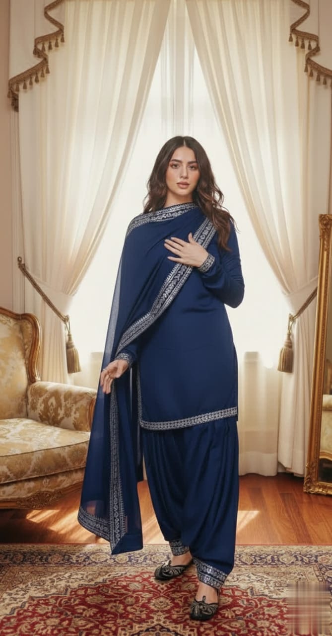 Elegant Silk Short Shirt Patiala Salwar Kamee With Gota Lace Dupatta.