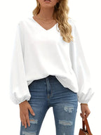 Casual V-Neck Long Sleeve Blouse, Lantern Sleeve Pullover Shirt, Lightweight Top For Seasonal Wear
