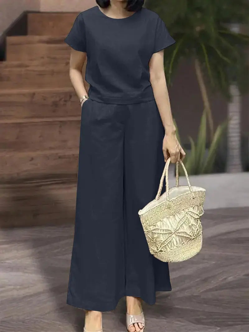 Elegant 2-Piece Set, Short Sleeve Top & Wide Leg Pants With Pockets, Regular Fit, Effortless Casual & Dressy Wear
