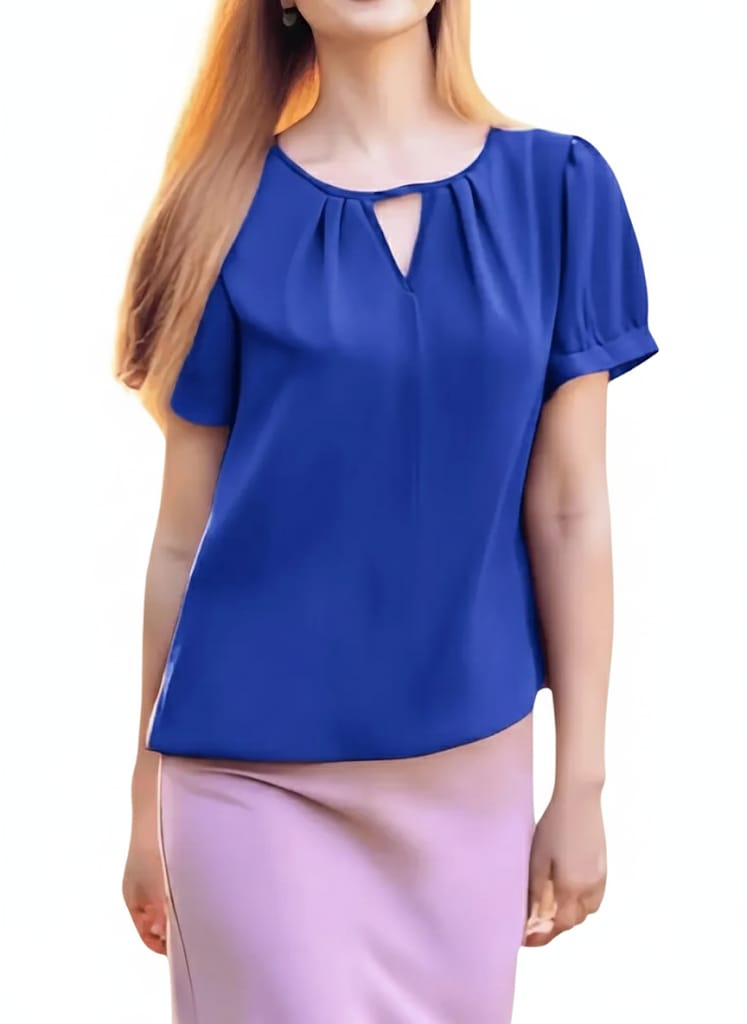 Women’s V-Neck Blouse, Loose Fit Short Sleeve Top With Glossy Fabric, Vintage Style