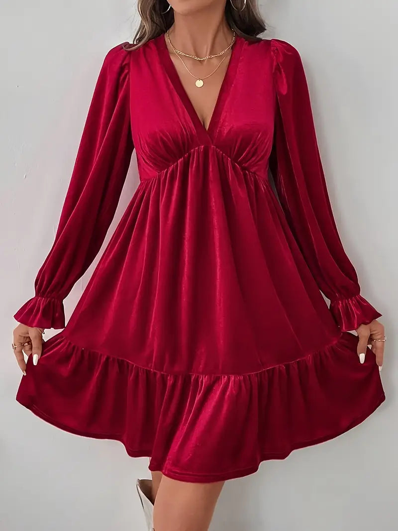 Elegant Burgundy A-Line Mini Dress – Long Sleeve Ruffled Hem Party Dress, Knee-Length Flowy Outfit