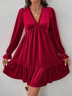 Elegant Burgundy A-Line Mini Dress – Long Sleeve Ruffled Hem Party Dress, Knee-Length Flowy Outfit