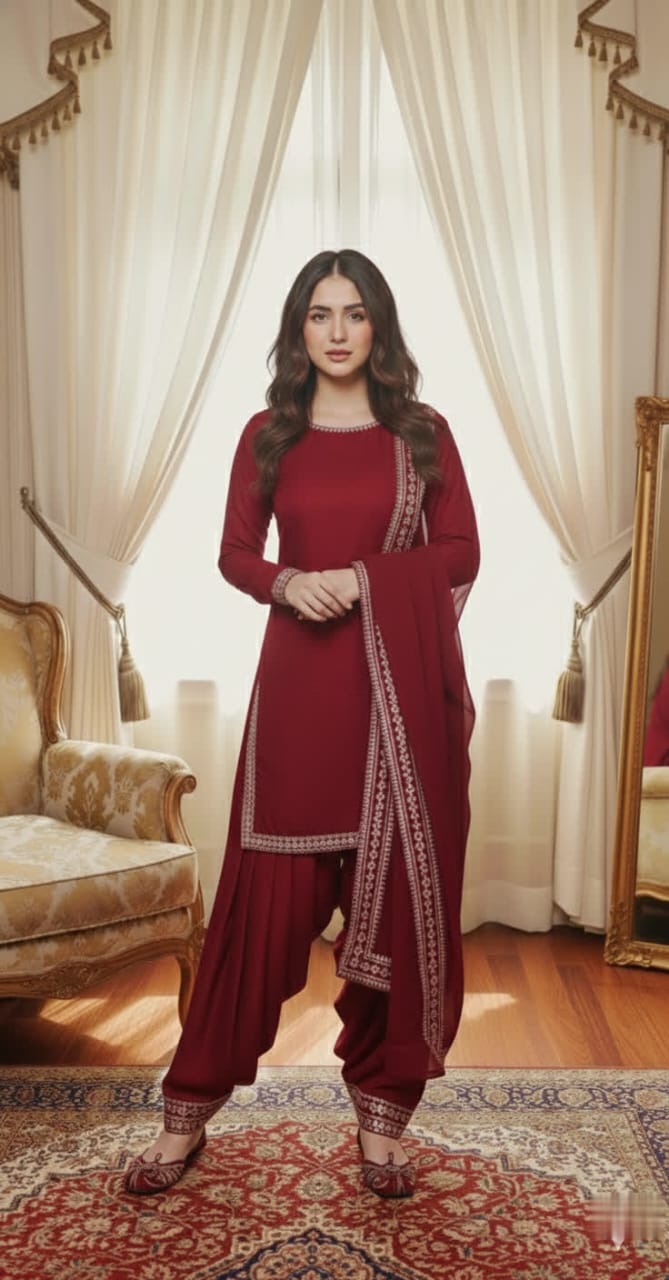 Elegant Silk Short Shirt Patiala Salwar Kamee With Gota Lace Dupatta.