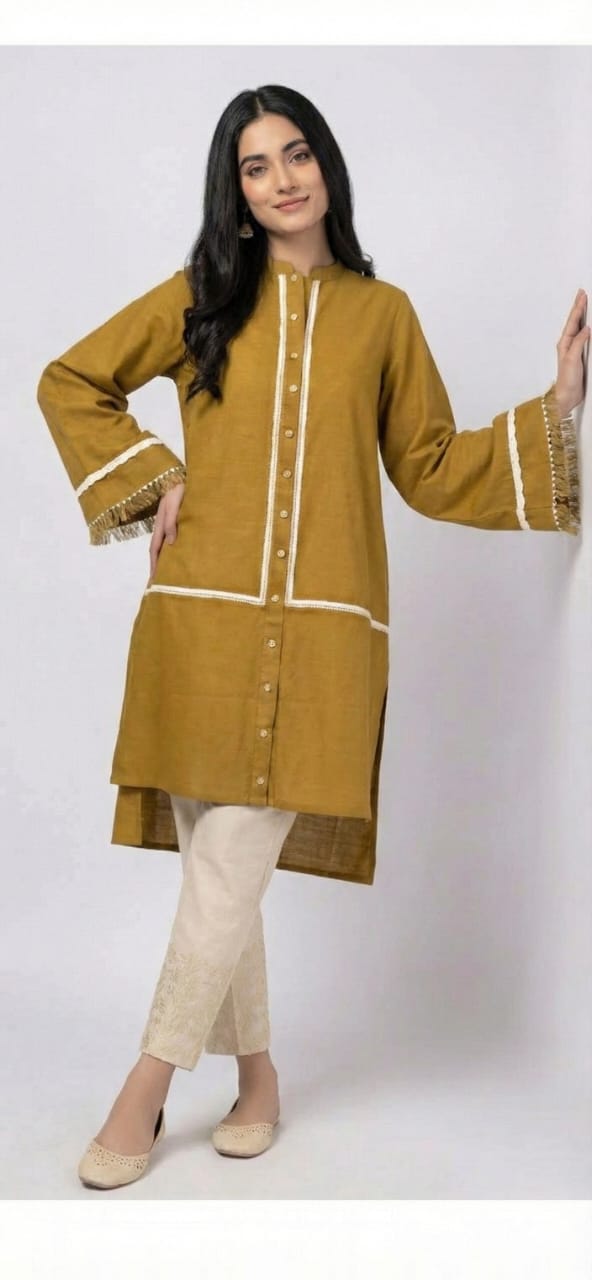 Comfortable Mustard Short Kurti Set – Stylish Front Button Shirt With White Straight Trouser Set For Women.