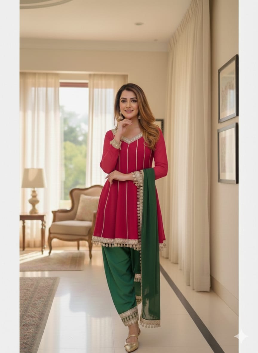 Stylish Red And Green Empire Cut A-Line Kurta With Trouser & Gotta Patti Dupatta.