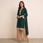 Emerald Green Straight-Cut Suit With Beige Color-Block Detailing