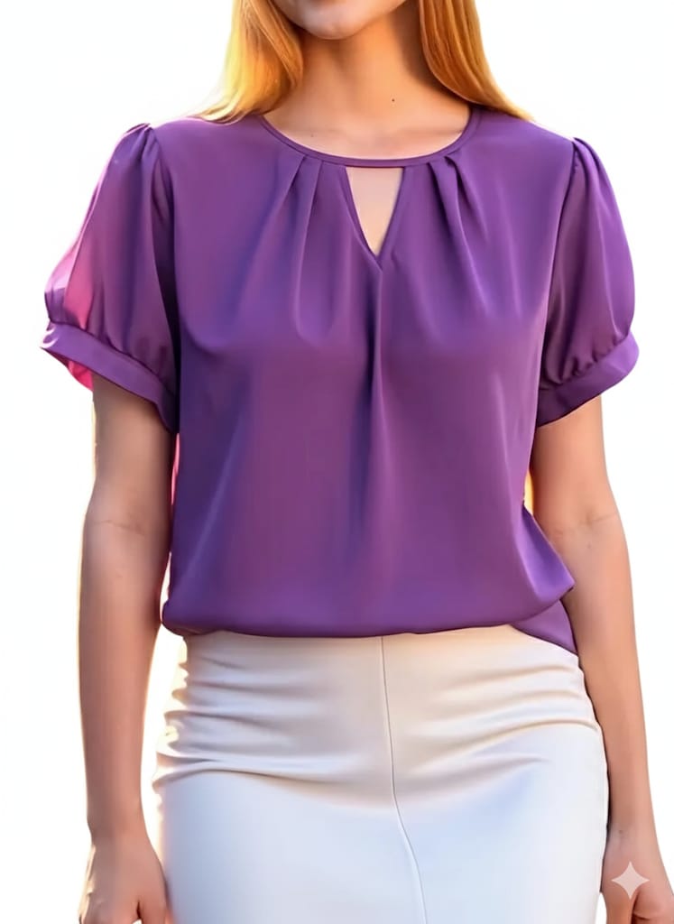 Women’s V-Neck Blouse, Loose Fit Short Sleeve Top With Glossy Fabric, Vintage Style