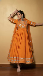 Premium Black Gota Patti Anarkali Pant Set For Women – Silk Long Anarkali With Different Shade Chiffon Dupatta & Embellished Pants.