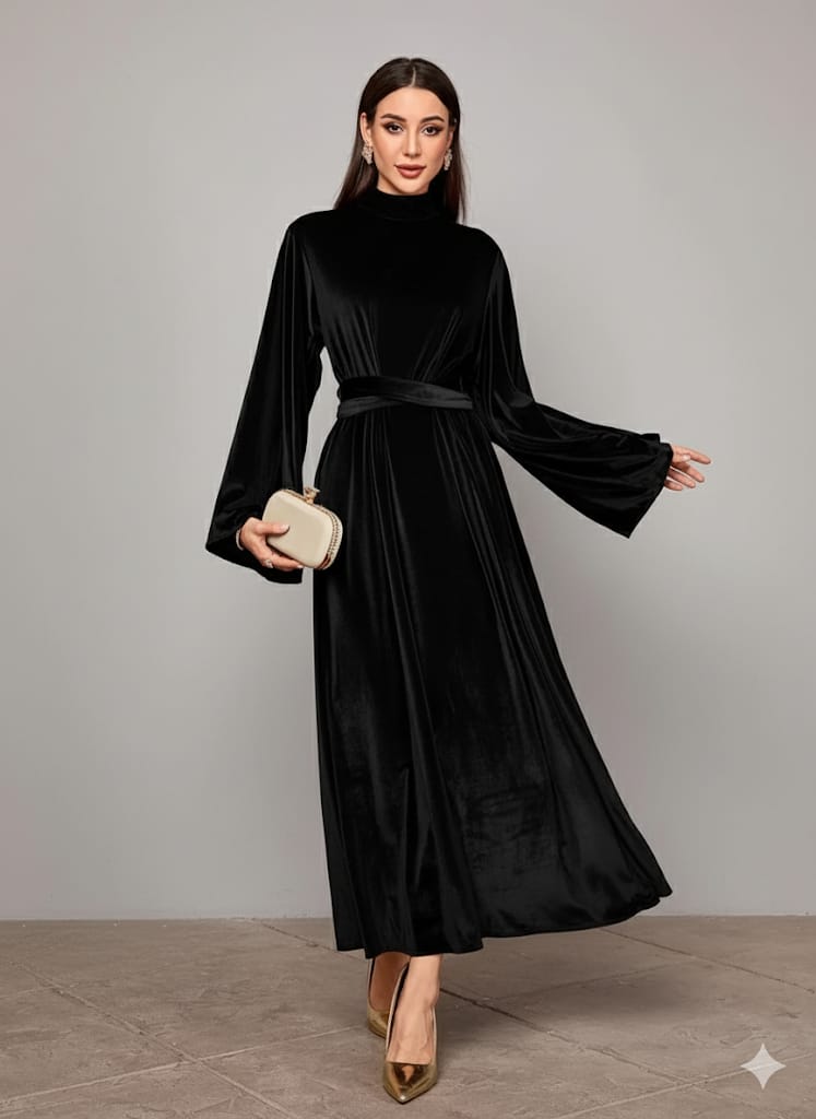 Elegant Full-Length Velvet Maxi Dress For Women, Long Sleeve Gown With Belt, Zipper Back And Tie Detail  Formal Evening Dress