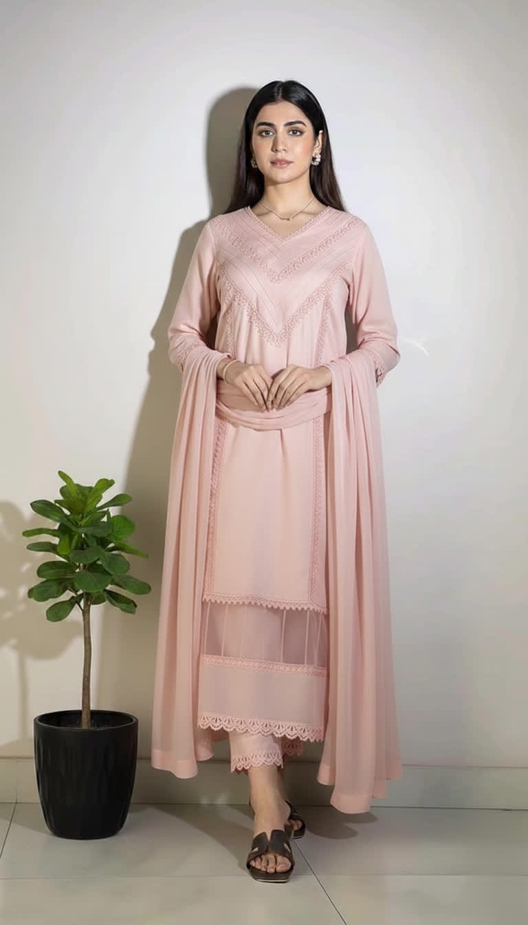 Cotton Lace Kurta Set For Women – 3 Piece Ethnic Suit With Chiffon Dupatta. |