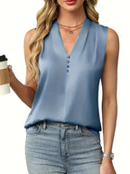 Women’s Light Blue Sleeveless Blouse, V-Neck Button-Up Shirt With Ruffled Hem
