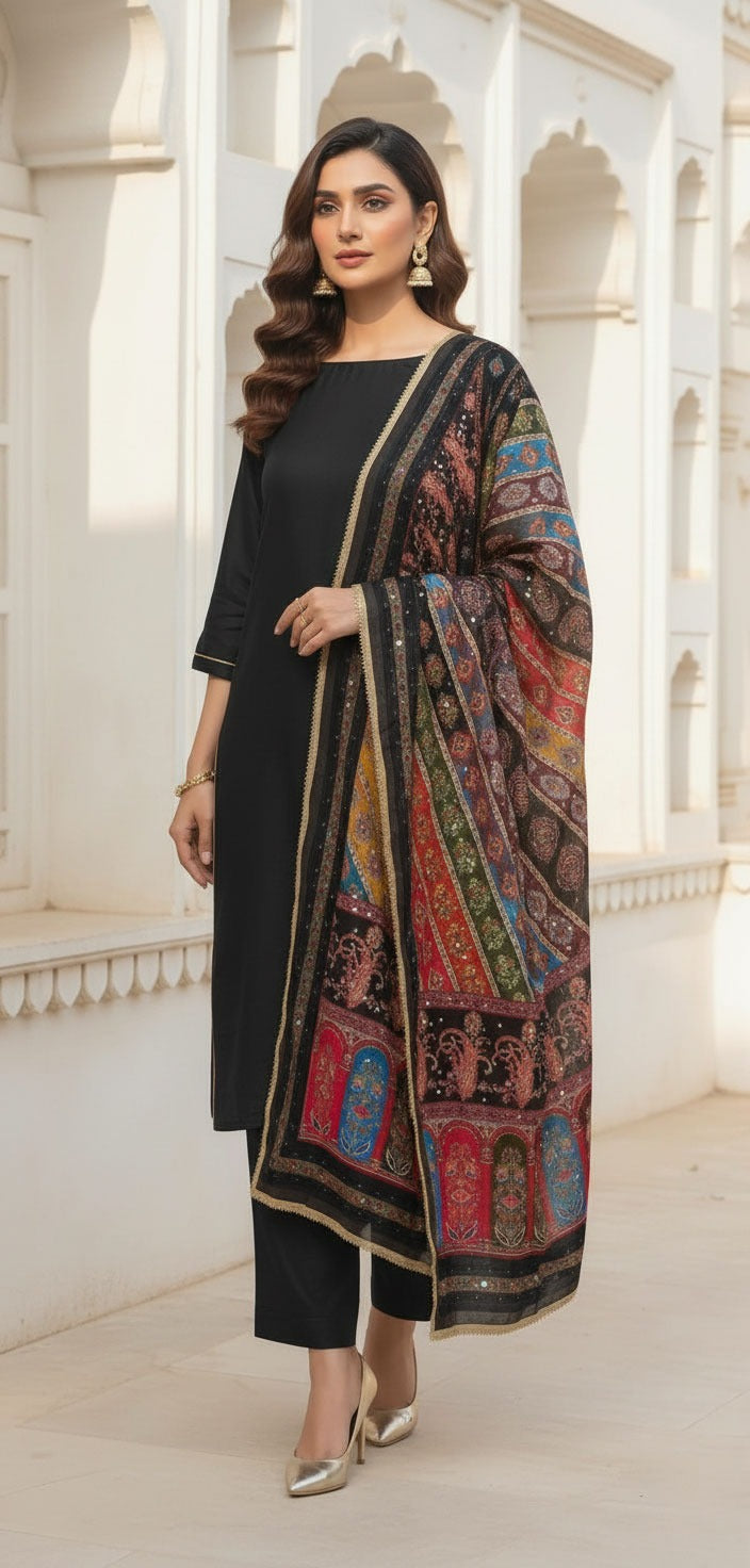 Colourful Ethnic Suit Set With Spectacular Embellished Mirrored Dupatta