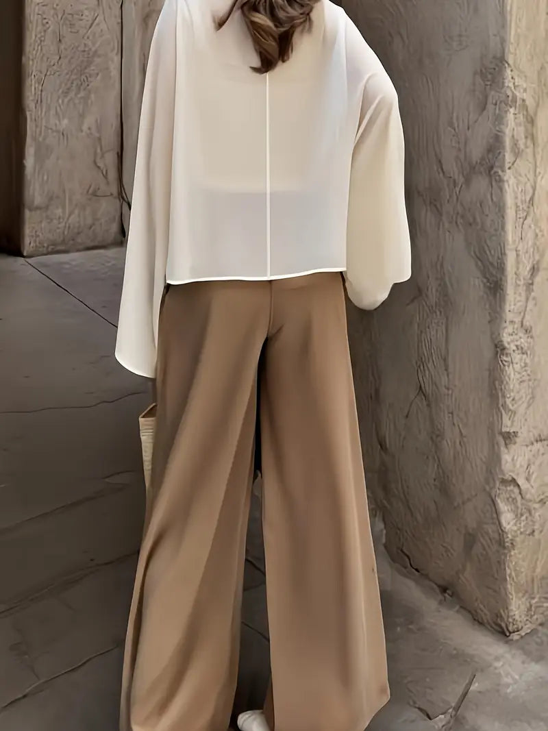 Chic Beige, Ruffled Hem, Button-Up Front - Casual Outfit - Ruffled Hem Top - Button-Up Blouse - Women’s Two-Piece Set