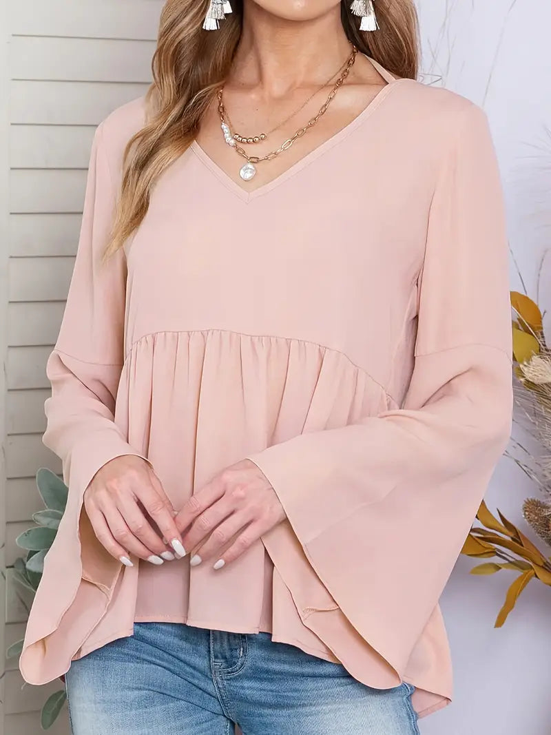 Elegant V-Neck Blouse with Adjustable Tie & Bell Sleeves, Non-Stretch Fabric, Stylish Feminine Blouse