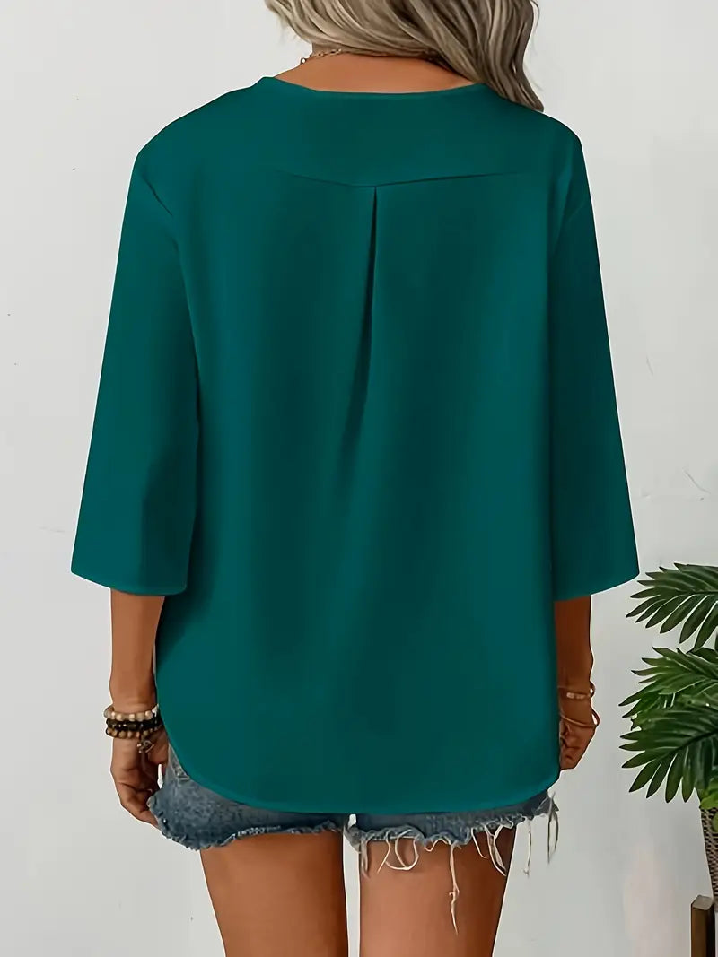 NISWA STYLE Elegant V-Neck Long Sleeve Blouse, Loose Fit Solid Color Button-Up Shirt With Faux Buttons, Lightweight Top For Casuall And Formal Wear