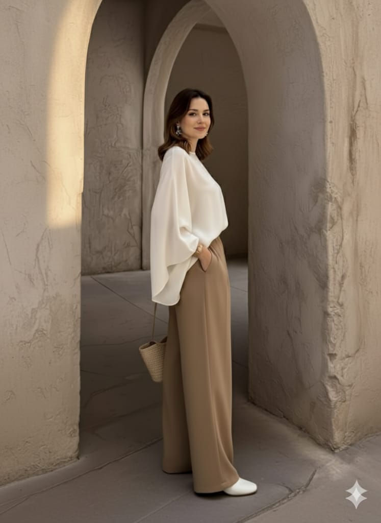 Chic Beige, Ruffled Hem, Button-Up Front - Casual Outfit - Ruffled Hem Top - Button-Up Blouse - Women’s Two-Piece Set