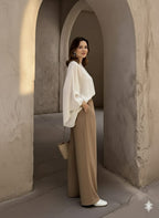 Chic Beige, Ruffled Hem, Button-Up Front - Casual Outfit - Ruffled Hem Top - Button-Up Blouse - Women’s Two-Piece Set