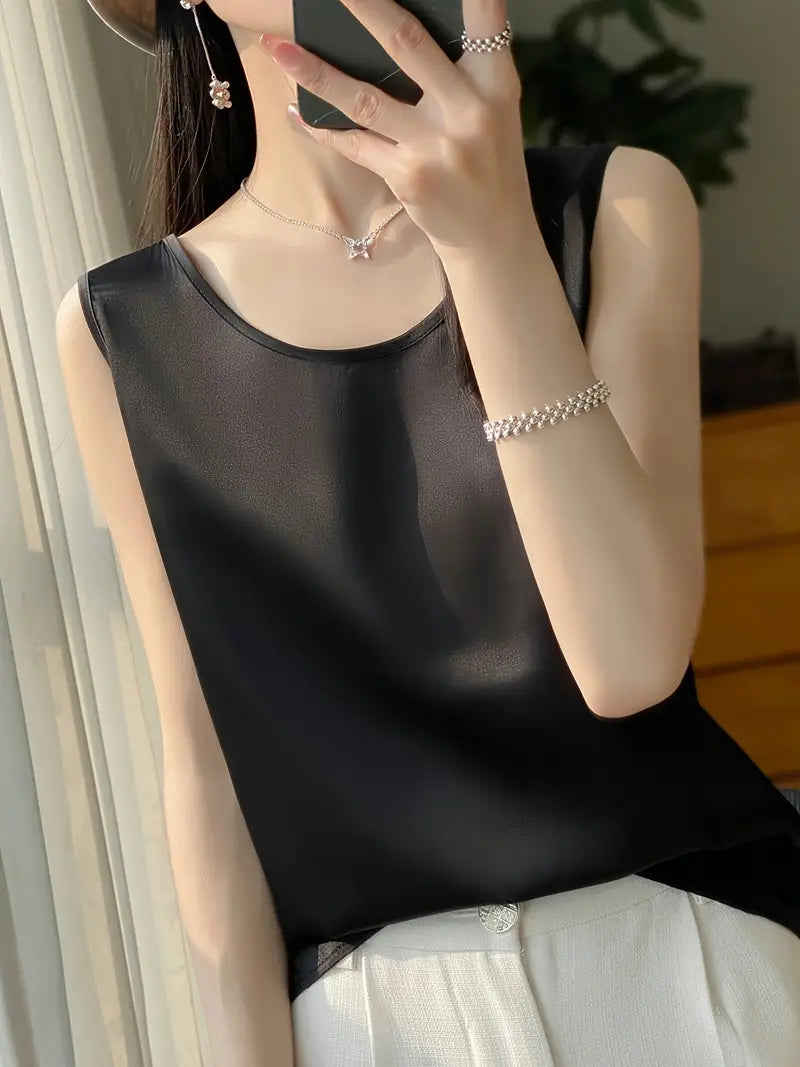 Elegant Low-Neck Sleeveless Tank Top – Semi-Sheer Stretchy Shirt, Layering Piece, Lightweight Top For Casual Wear