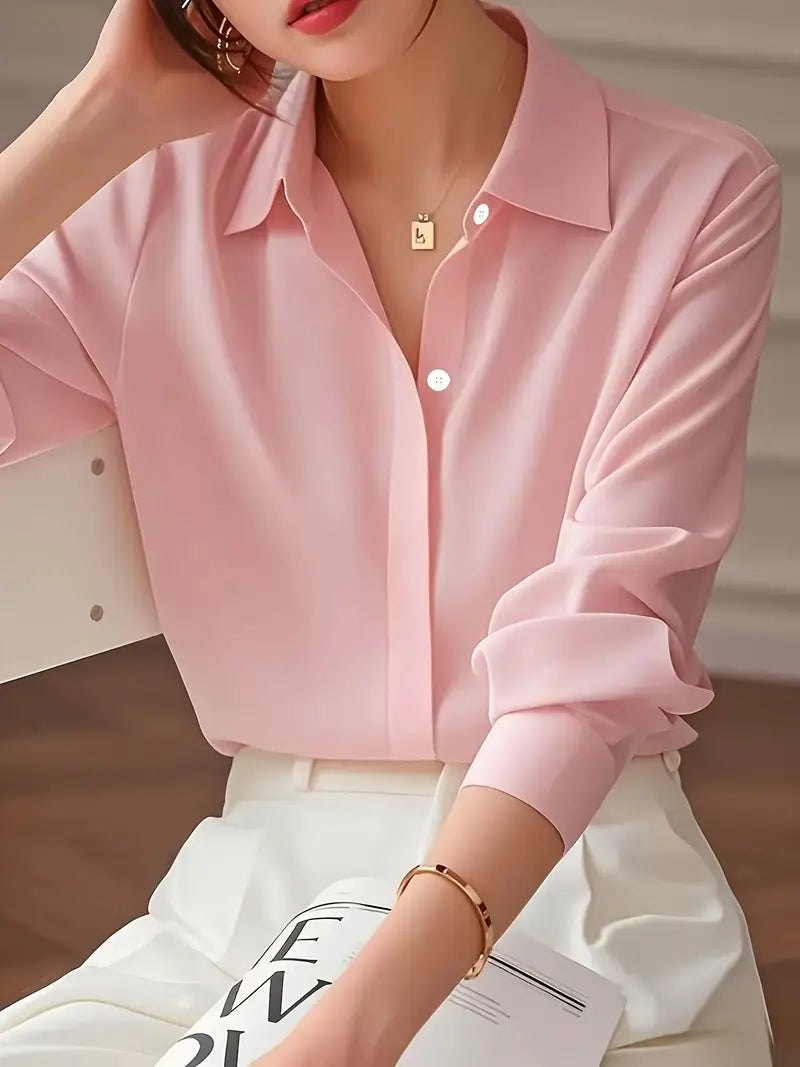 Elegant Long Sleeve Blouse, Classic Solid Color Button-Up Shirt With Lapel Collar, Office And Casual Wear