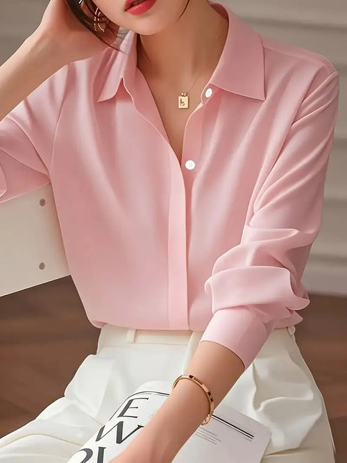 Elegant Long Sleeve Blouse, Classic Solid Color Button-Up Shirt With Lapel Collar, Office And Casual Wear