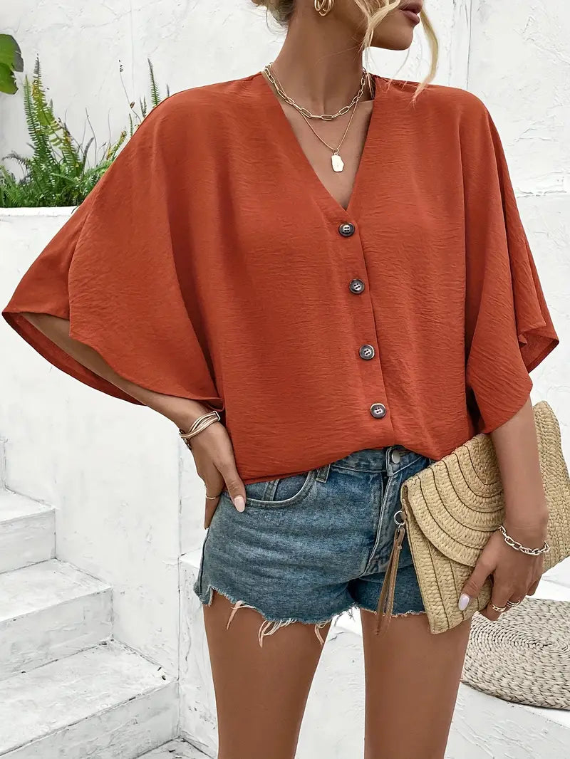V-Neck Batwing Sleeve Blouse, Button-Up Shirt With Front Pockets, Casual Short Sleeve  Blouse For Women