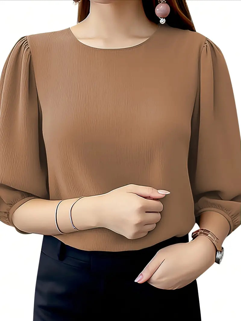 Fashionable Long Sleeve Blouse With Ruffle Details – Casual Crew Neck Shirt, Versatile Women’s Top, Ruffle Detail Blouse